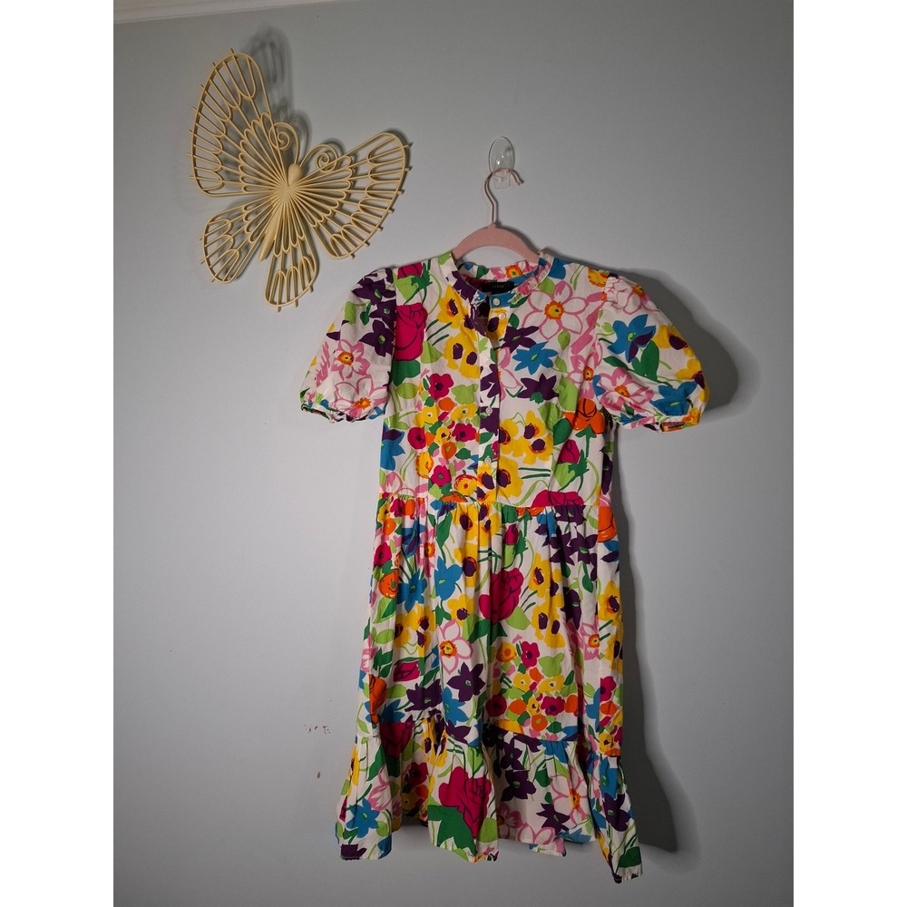 J.Crew Floral Puff Sleeve Tiered Mini Dress Multi Color Button Front Size 2
